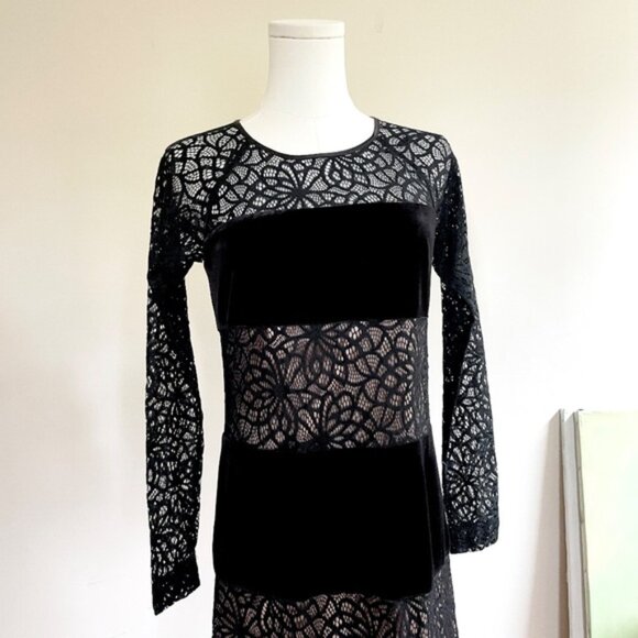 Antonio Melani Velvet Lace Sheer Panel Dress Womens 0 Black Goth Cocktail Y2K - Picture 2 of 12
